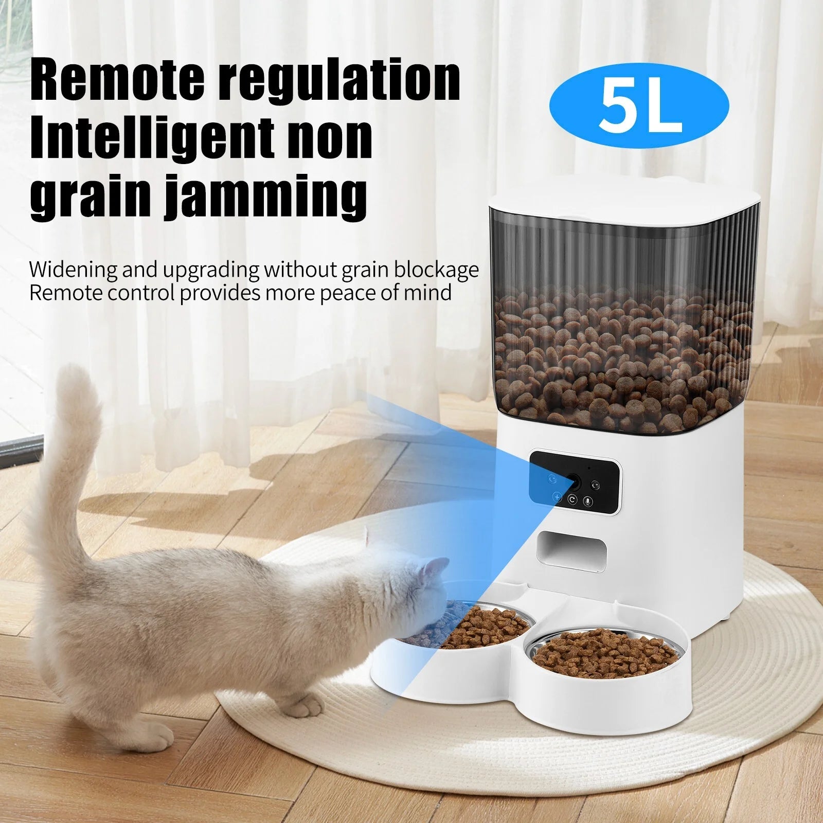Threes Tree Automatic Cat Feeder with Camera for 2 Pets, Camera 5L Cat Feeder with 2 Stainless Steel Bowls, Remote APP Control