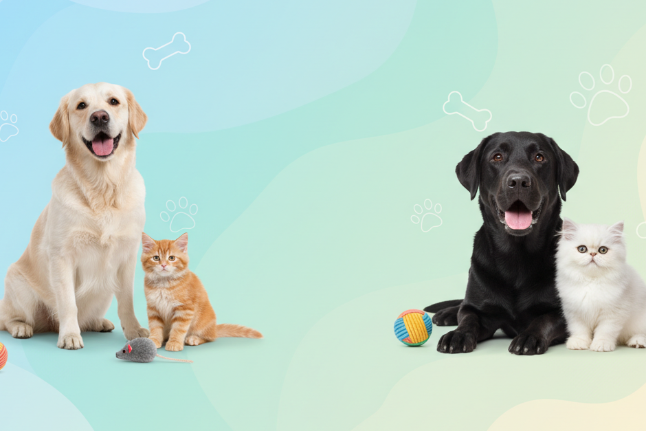 realiza una imagen para el baner de la tienda que pegue con el tema de articulos para mascotas y se vea agradable a la vista que tambien incluya imagenes de perros y/o gatos